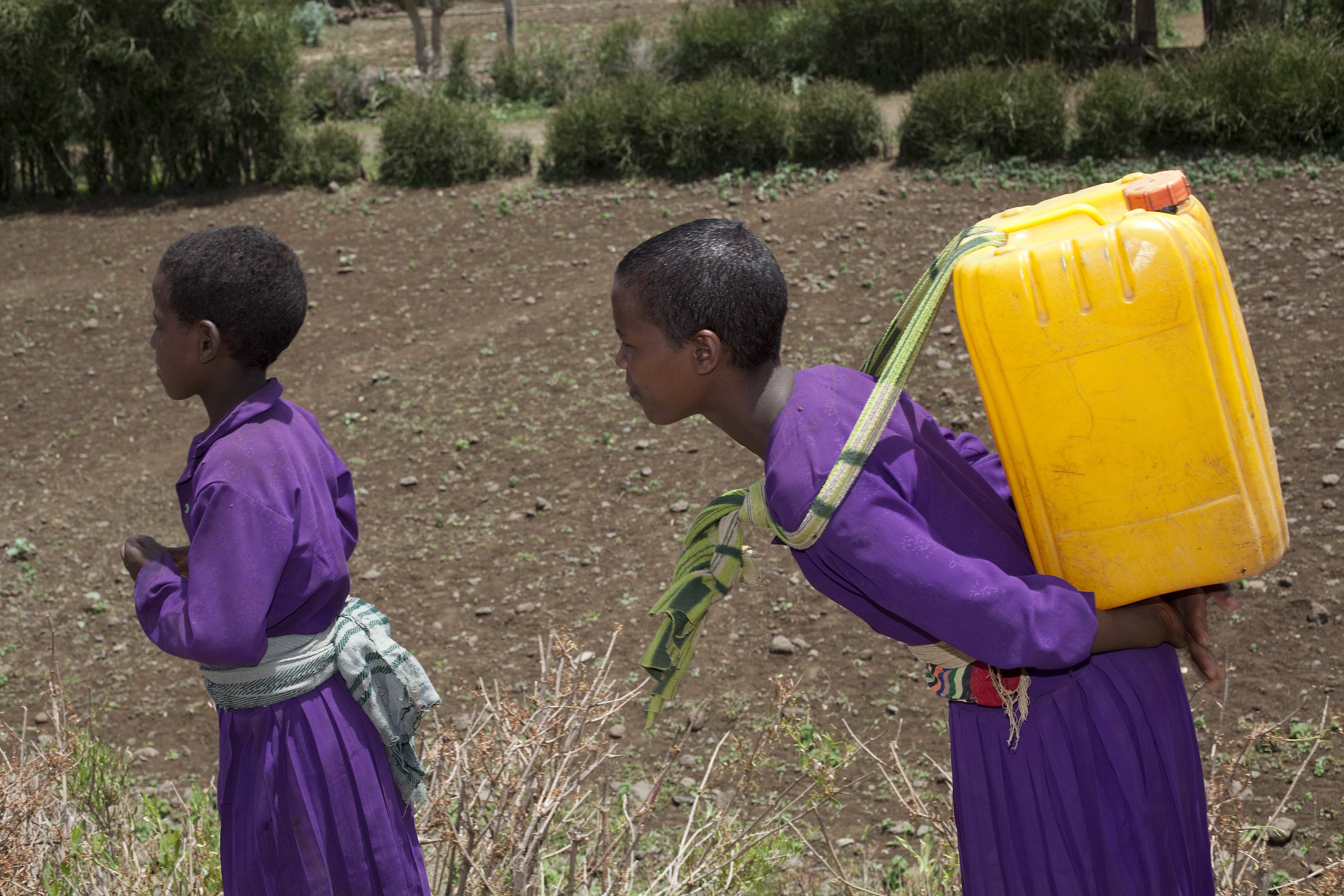 Mädchen trägt Wasserkanister - Humanitäre Hilfe für Dürreopfer in Äthiopien; Gelber Wasserkanister, Mädchen in violetter Kleidung, Feld, Dürre, Trockenheit